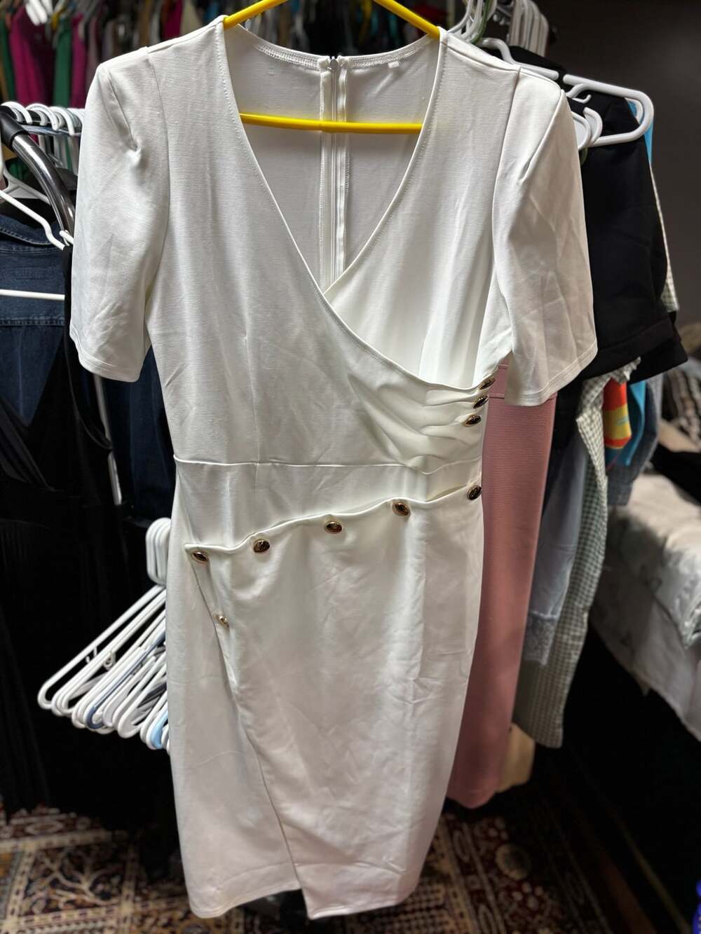 White V-Neck Button Midi Dress
